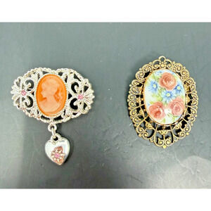 Vintage Cameo Brooch Lot Ornate Filigree Heart Dangle Floral Enamel 2pc